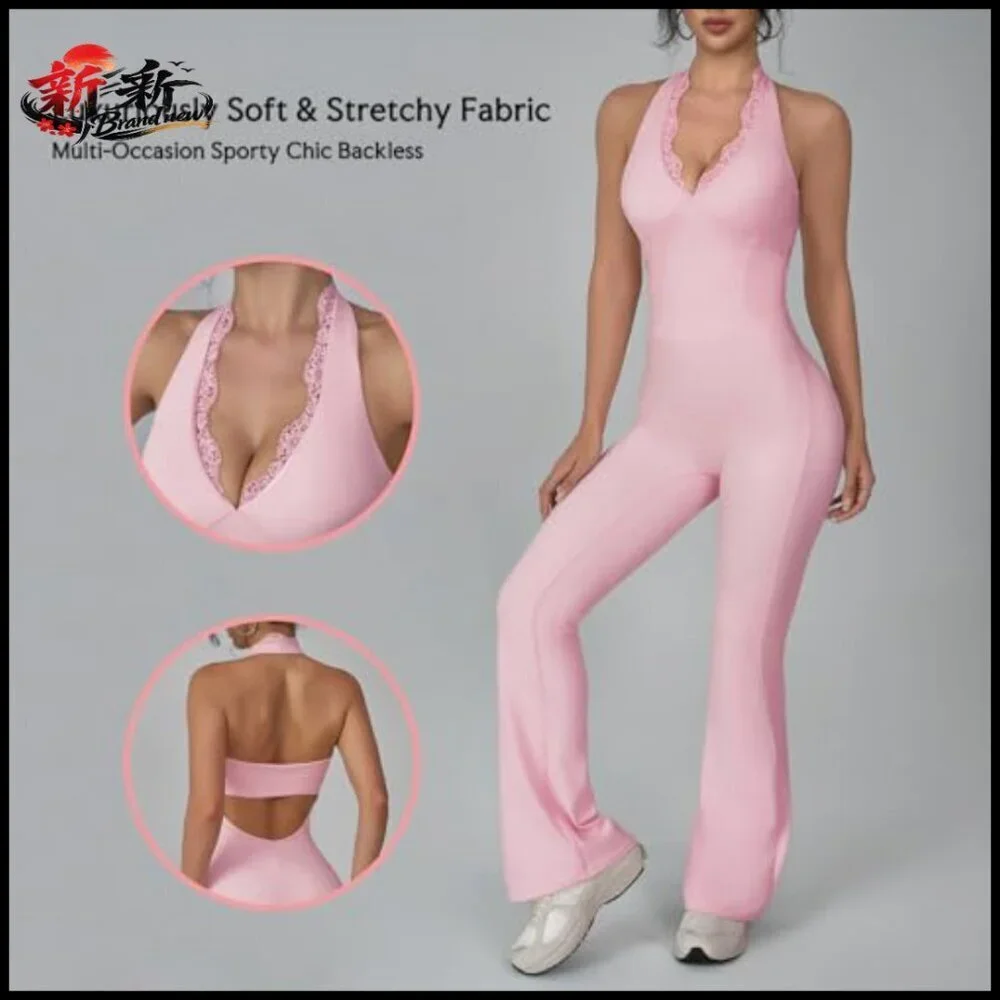 Nylon Spandex Workout Jumpsuit with Halter Neck and Backless Design